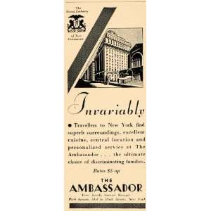 1933 Ad Ambassador Hotel Park Avenue Luxury Lodging   Original Print 