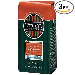 Tullys Coffee Decaf Madison Blend, Whole Bean, 12 Ounce Bag (Pack of 