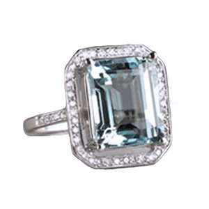  14k White Gold, Emerald Cut Aquamarine & Diamond Ring (4 