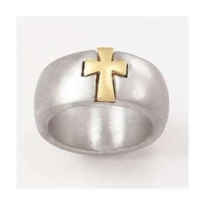    Tone Cross Ring   Mens Size 10   Sterling Silver w/ 14Kt Gold Cross