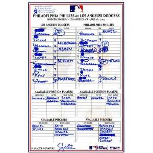  Phillies at Dodgers Game Used Lineup Card 7 16 2007   Game 