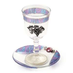  Glass Kiddush Cup of Blue Cracks with Grapes and Purple 
