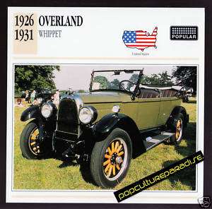 1926 1931 OVERLAND WHIPPET Car PICTURE SPEC INFO CARD  