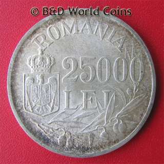ROMANIA 1946 25000 25,000 LEI SILVER MIHAI I 32mm KM#70  