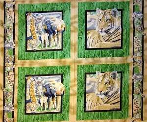 Fabric Pillow Panel Its Zoological Green Tiger Lion Elephant Giraffe 