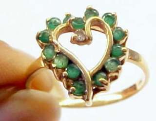Green Emerald and Diamond Chip Accented 14KT Solid Yellow Gold Ring 