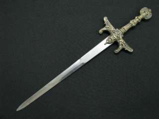 VINTAGE LETTER OPENER KNIFE DAGGER SWORD FORM EMBOSSED FIGURES HANDLE 