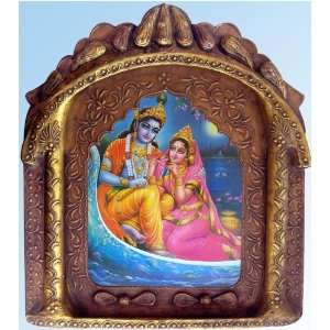 Lord Radha Enjoying Boat Ride in Night, Religious Poster Painting in 