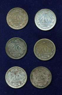 MEXICO 10 CENTAVOS 1919, 1925, 1926, 1928, 1930, 1934, GROUP LOT OF 
