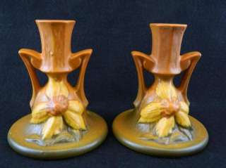 1944 Pair ROSEVILLE Art POTTERY Clematis CANDLE Stick HOLDERS Brown 