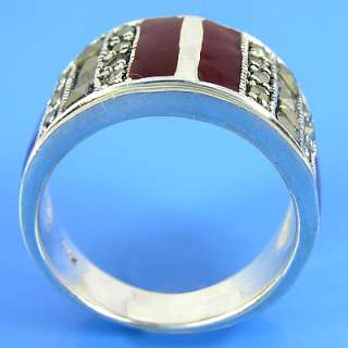 925 Sterling Silver Marcasite MOP Red Ring (YSR 138 3)  