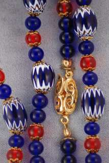 Cobalt Blue Chevron and Red Bead Necklace Earring Set  