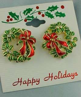 Rhinestone Enamel CHRISTMAS WREATH & BOW Earrings  