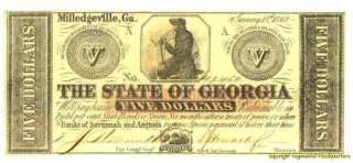 STATE OF GEORGIA FIVE DOLLAR JANUARY 15, 1862 MILLEDGEVILLE UNC  