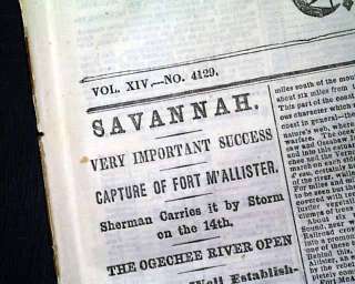 SAVANNAH GA William T. Sherman 1864 Civil War Newspaper  