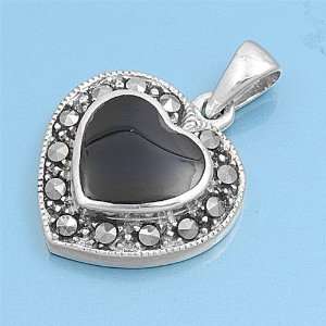 Sterling Silver and Marcasite Heart Pendant With Black Onyx   19mm 