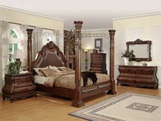   King Poster Leather Bed Marble Bedroom Set Whitewash Cherry  