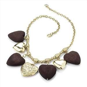   Gold & Wood Heart Charm Necklace (Gold Plated)   42cm Length Jewelry