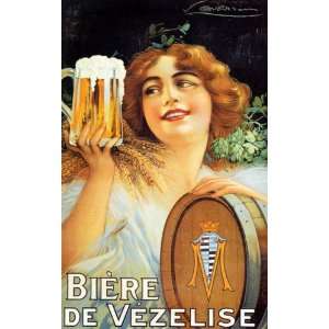 GIRL HOLDING GLASS OF BEER BIERE DE VEZELISE 13 X 18 VINTAGE POSTER 
