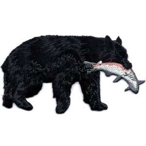  Animals/Black Bear w/Fish/Iron On Embroidered Applique 