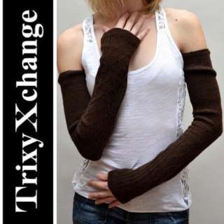 BROWN CABLE KNIT WOOL ARM WARMERS FINGERLESS GLOVES Angora Cashmere 