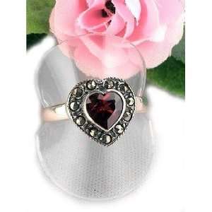  Sterling Silver Marcasite Garnet Heart Ring Size 7.5(Size 