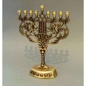  Chanukah Menorah with Lions and the Two Tablets, Brass 
