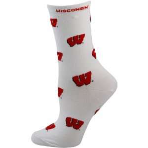   Wisconsin Badgers Ladies White All Over Logo Mid Calf Socks Sports
