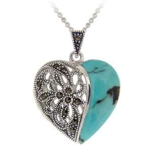   Creations Silver Turquoise and Marcasite Heart Locket Necklace