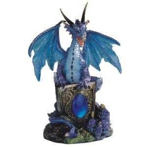  Blue Dragon Holding Shield On Rock Collectible Figurine 