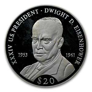  Liberia 2000 $20 Silver Proof Details Dwight D. Eisenhower 