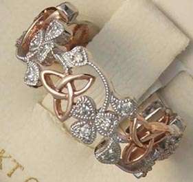 14K White and Rose Gold Trinity Shamrock Diamond Ring Made in Ireland 