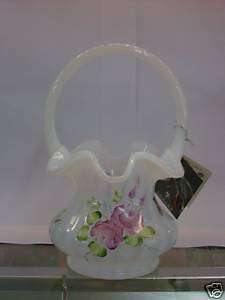 Fenton Handpainted French Opal Basket With Handle  