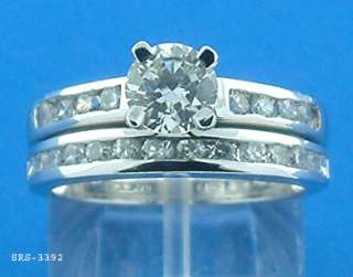 Silver & CZ wedding ring set w/ WG finished #3392 Size7  