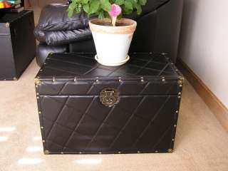 Black Med Faux Leather Wood Storage Trunk Wooden Chest  