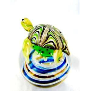   Blown Green Glass Turtle on Turtle Ball Paperweight