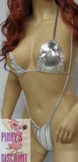 Silver Lame Metallic Slingshot Suspender Thong Microkini Bikini 