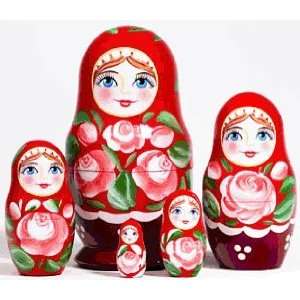  Red Floral Maiden Nesting Doll 5pc Set 4 Toys & Games