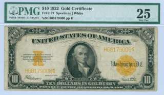 1922 GOLD COIN $10 GOLD CERTIFICATE LARGE NOTE PMG VF25  