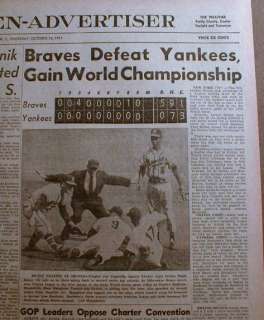 1957 newspapers MILWAUKEE BRAVES win WORLD SERIES v NY YANKEES Spahn 