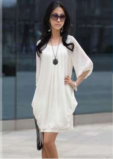   Fashion Ladys Graceful Chiffon Casual Short Sleeve White Dress Size L