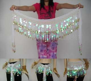 Brand New Sequins&Coin Belly Dance Hip Scarf Belt White  