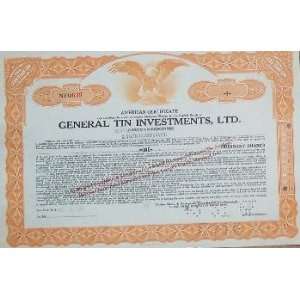 com Stock Certificate, General Tin, Used, Expired, Non  Investment 