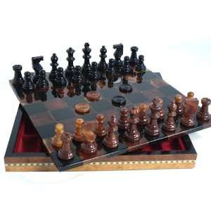 Worldwise Imports Black and Brown Inlaid Alabaster Chess/Checkers Set 