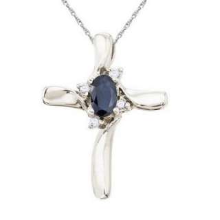 Blue Sapphire and Diamond Cross Necklace 14k White Gold  