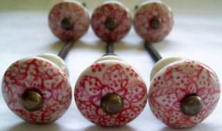 SMALL RED AND WHITE CERAMIC DOOR HANDLES KNOBS 9211  