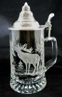 Vintage Reindeer Elk GLASS Lidded 1/2 L Beer Stein   ALWE West Germany 