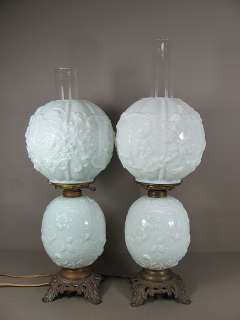  of Fostoria White Milk Glass Spider Web & Flowers Pattern Parlor Lamps
