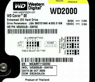 WESTERN DIGITAL IDE 200GB WD2000JB 00KFA0 DCM DSCACAJCA  