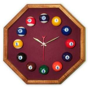  13in Octagon Billiard Clock Mahogany & Wine Mali Felt 